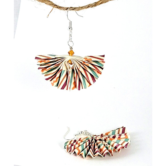Multicolor Striped Origami Fan Earrings with Swarovski Beads - Picture 6 of 7